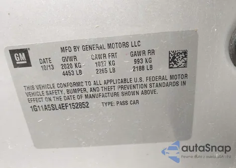 2014 Chevrolet Malibu 1Fl z USA, uszkodzony, nr VIN 1G11A5SL4EF152852